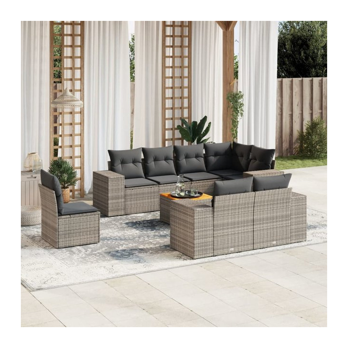 Vidaxl Gartenmöbel-Set aus Polyrattan mit Kissen, 9-teilig, Grau, Modernes Design - Bild 1