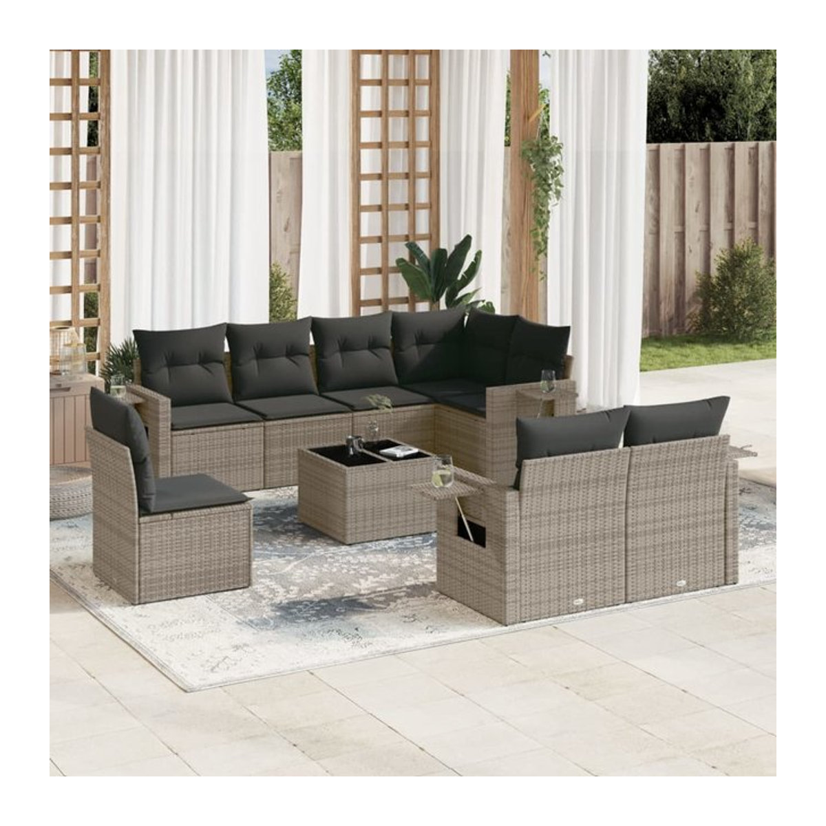 Vidaxl Gartenmöbel-Set aus Polyrattan mit Kissen, 9-teilig, Grau, Modernes Design - Bild 1