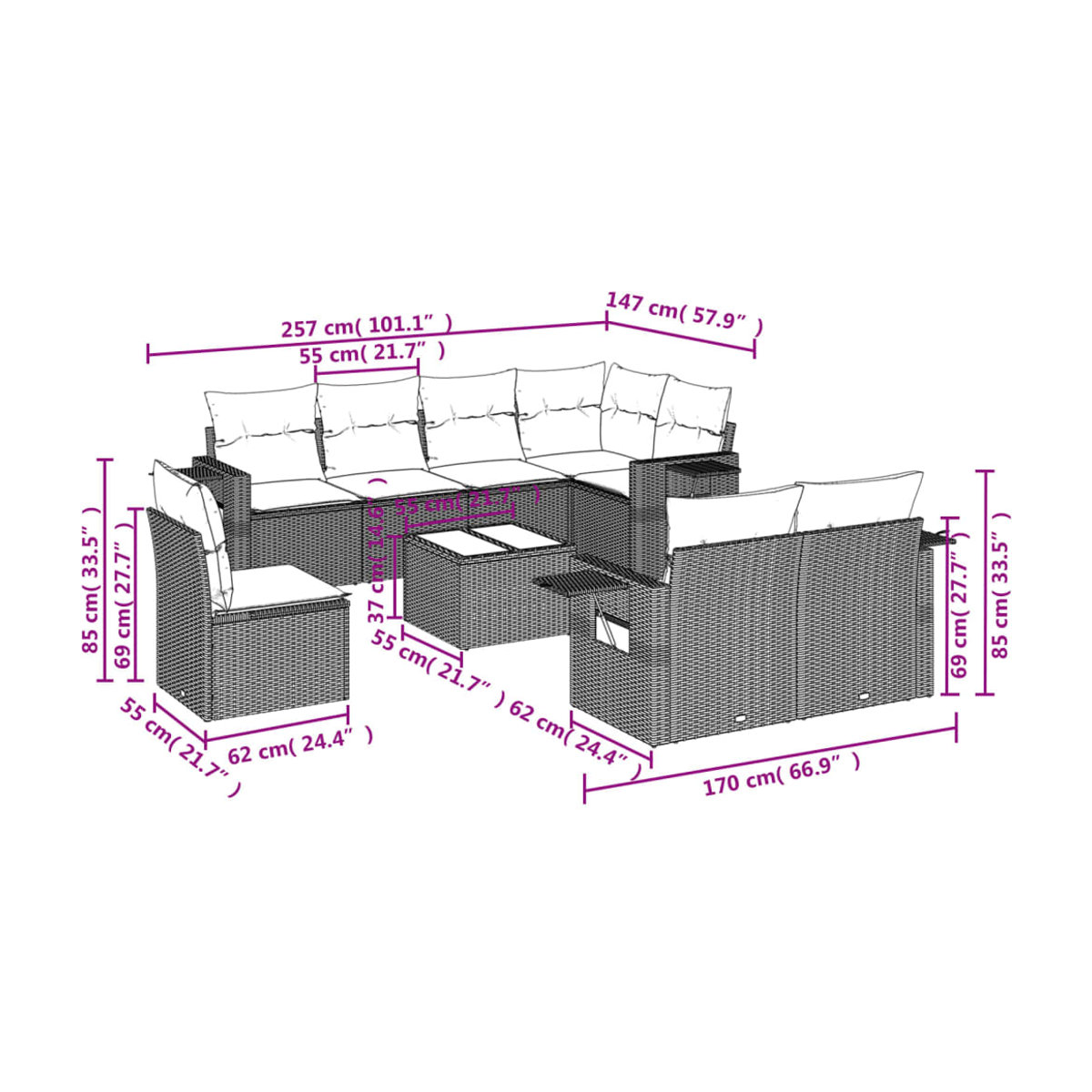 Vidaxl Gartenmöbel-Set aus Polyrattan mit Kissen, 9-teilig, Grau, Modernes Design - Bild 3