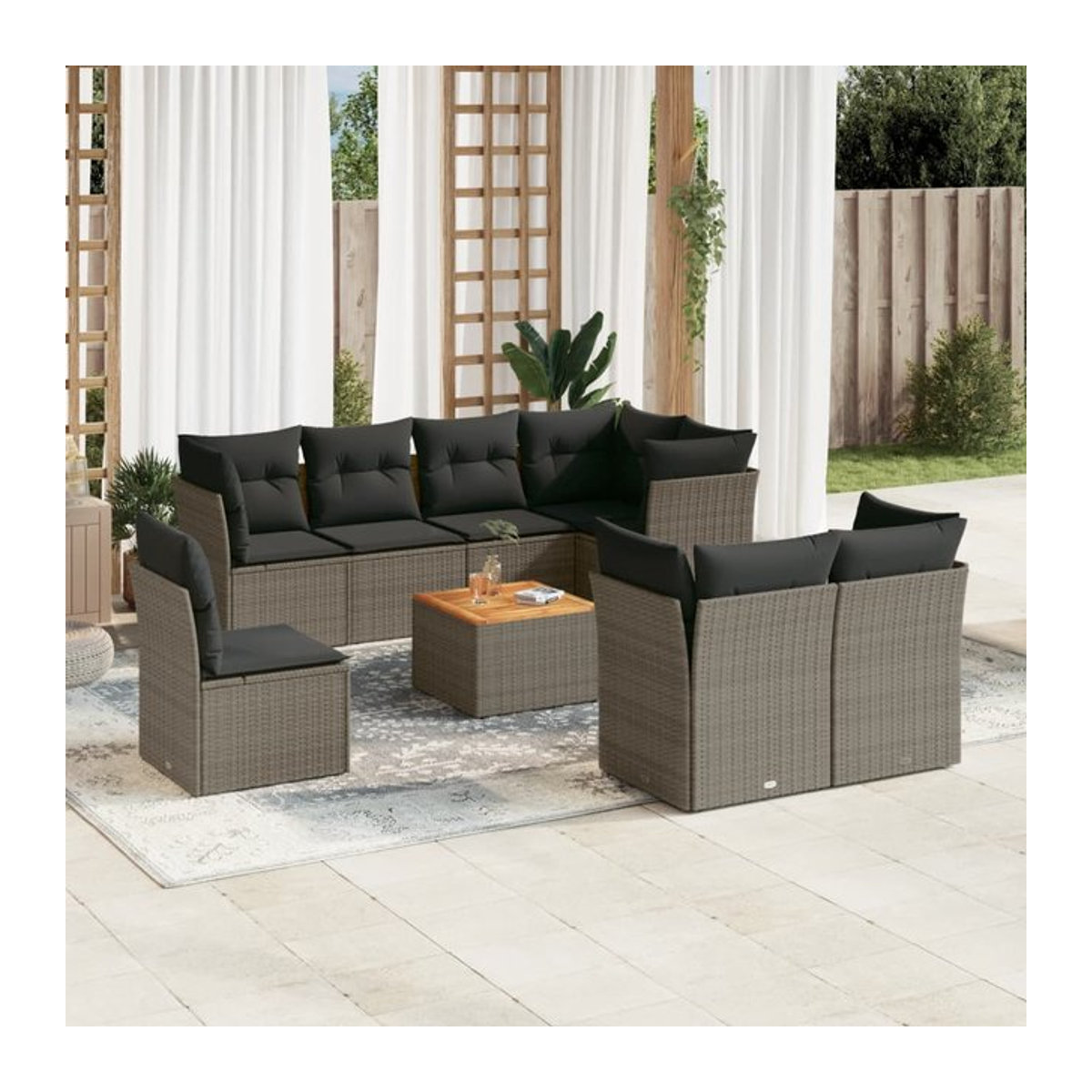 Vidaxl Gartenmöbel-Set aus Polyrattan mit Kissen, 9-teilig, Grau, Modernes Design - Bild 1