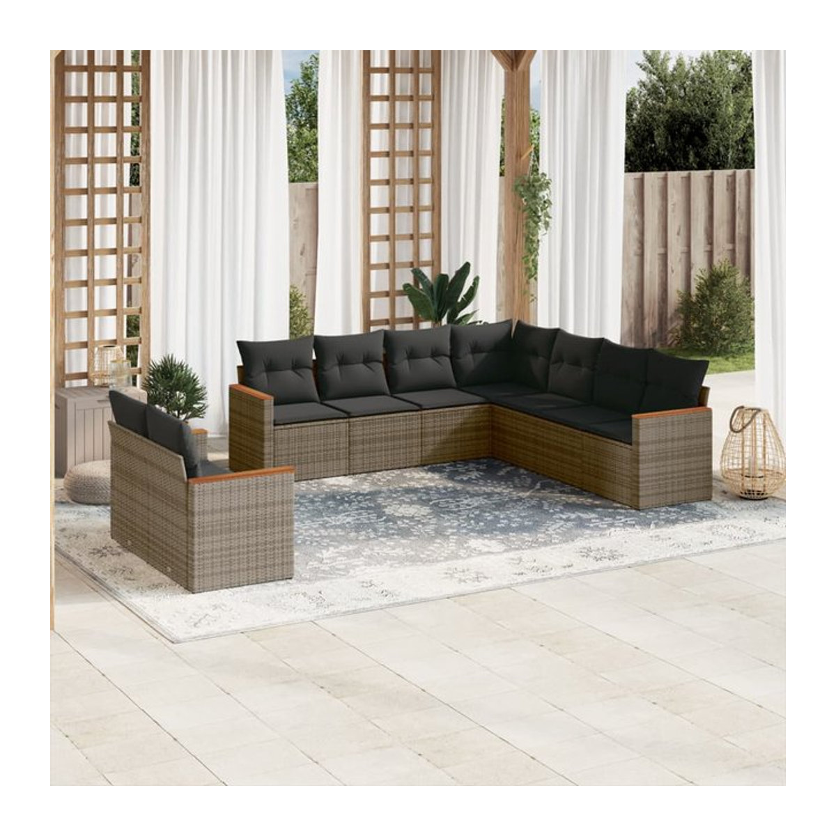 Vidaxl Gartenmöbel-Set aus Polyrattan mit Kissen, 9-teilig, Grau, Modernes Design - Bild 1