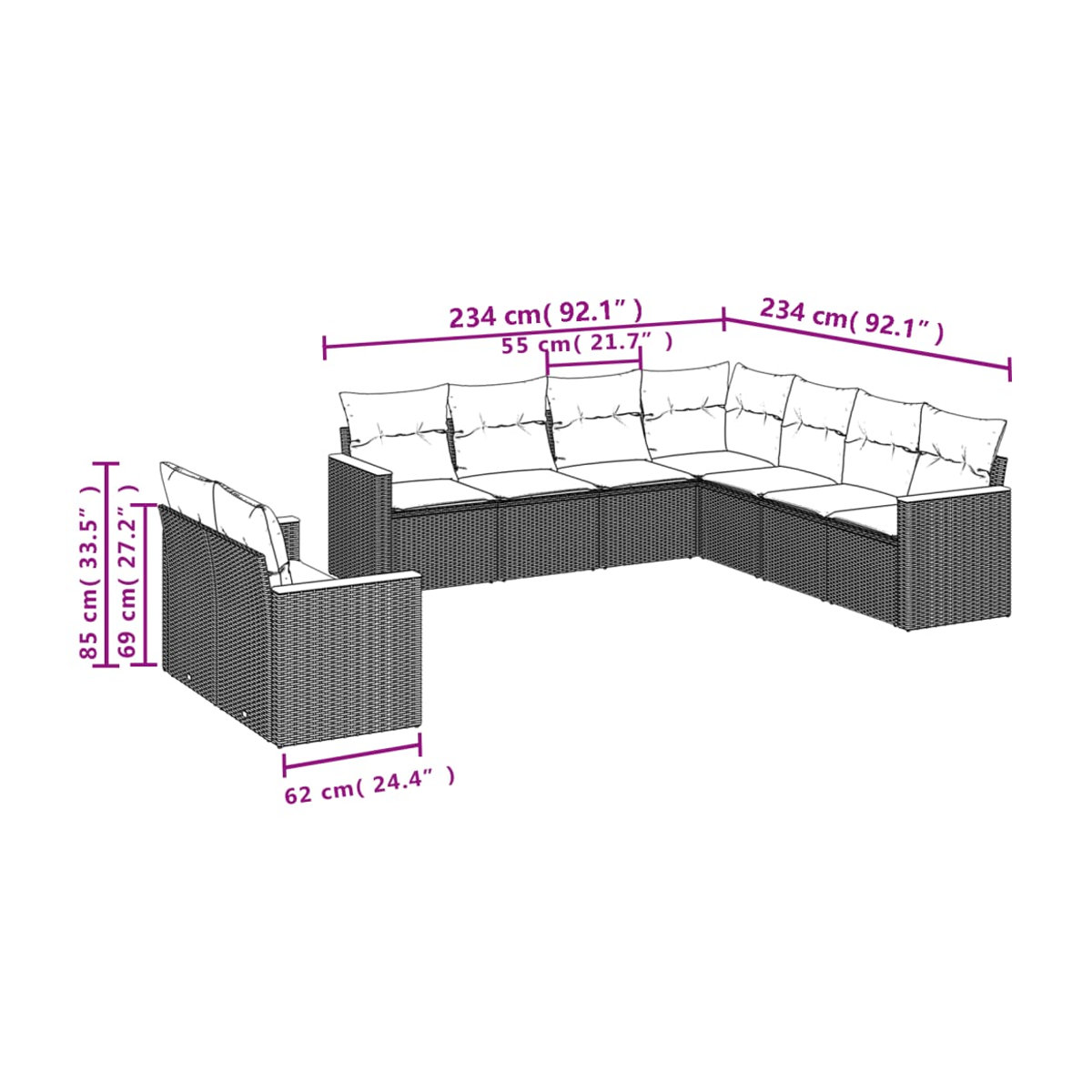Vidaxl Gartenmöbel-Set aus Polyrattan mit Kissen, 9-teilig, Grau, Modernes Design - Bild 2