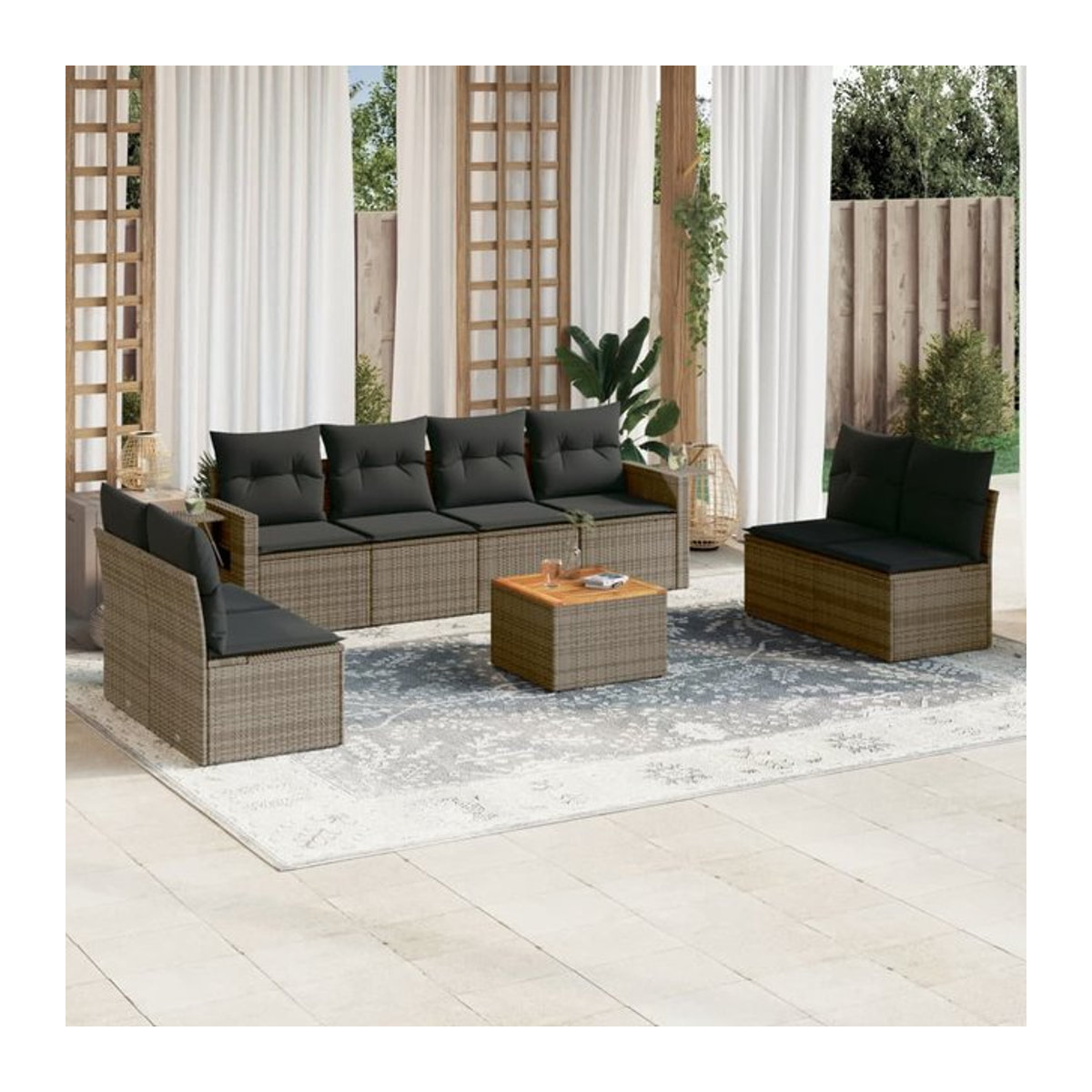 Vidaxl Gartenmöbel-Set aus Polyrattan mit Kissen, 9-teilig, Grau, Modernes Design - Bild 1