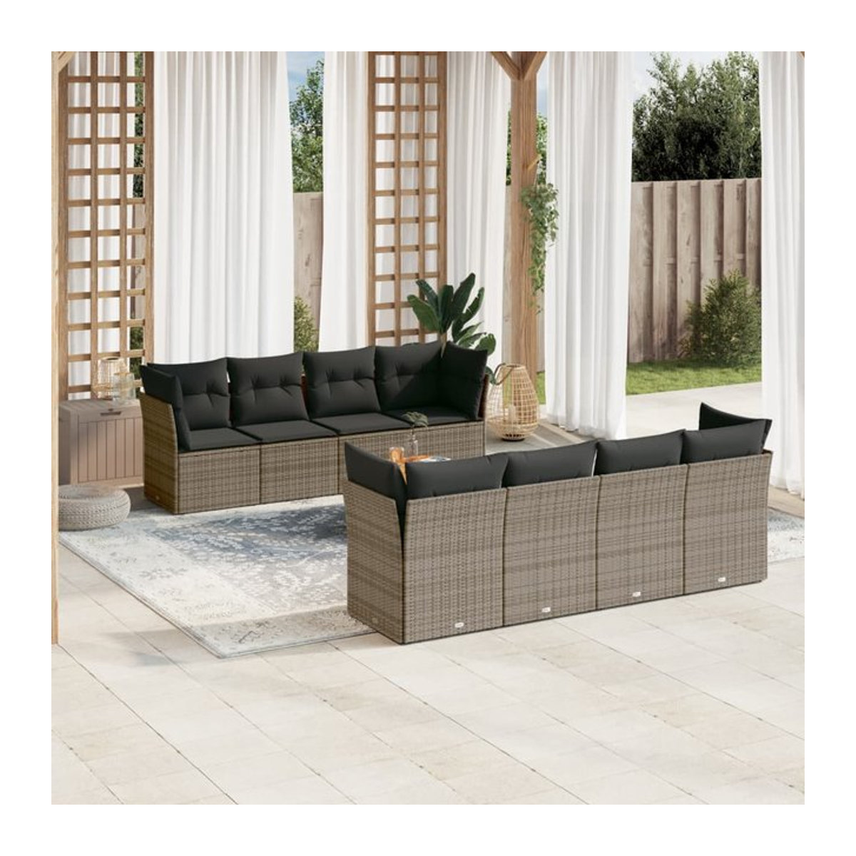 Vidaxl Gartenmöbel-Set aus Polyrattan mit Kissen, 9-teilig, Grau, Modernes Design - Bild 1