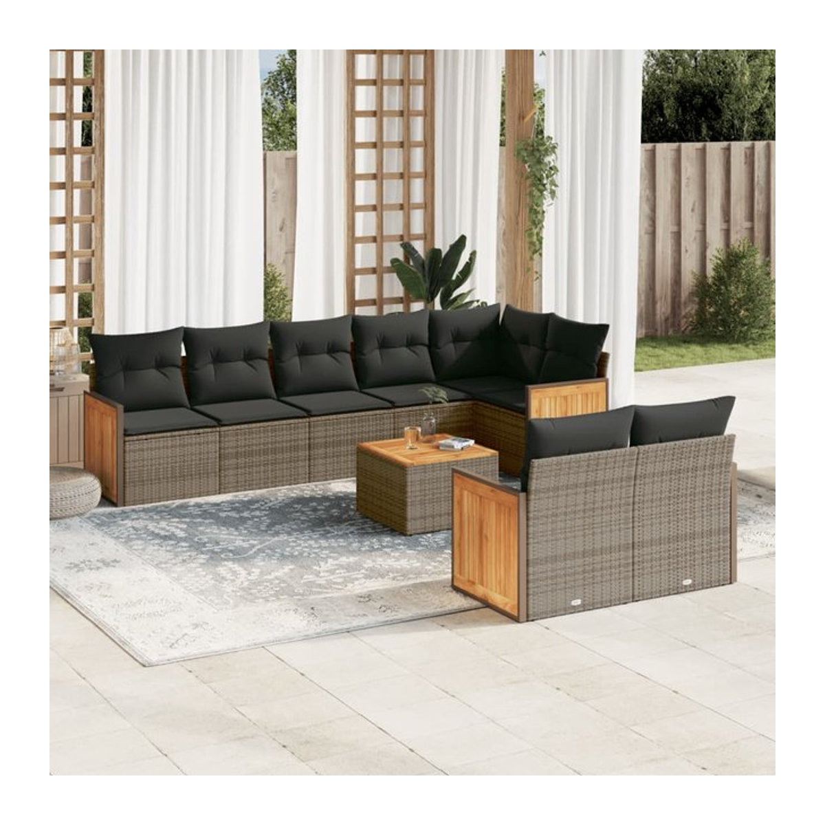 Vidaxl Gartenmöbel-Set aus Polyrattan mit Kissen, 9-teilig, Grau, Modernes Design - Bild 1
