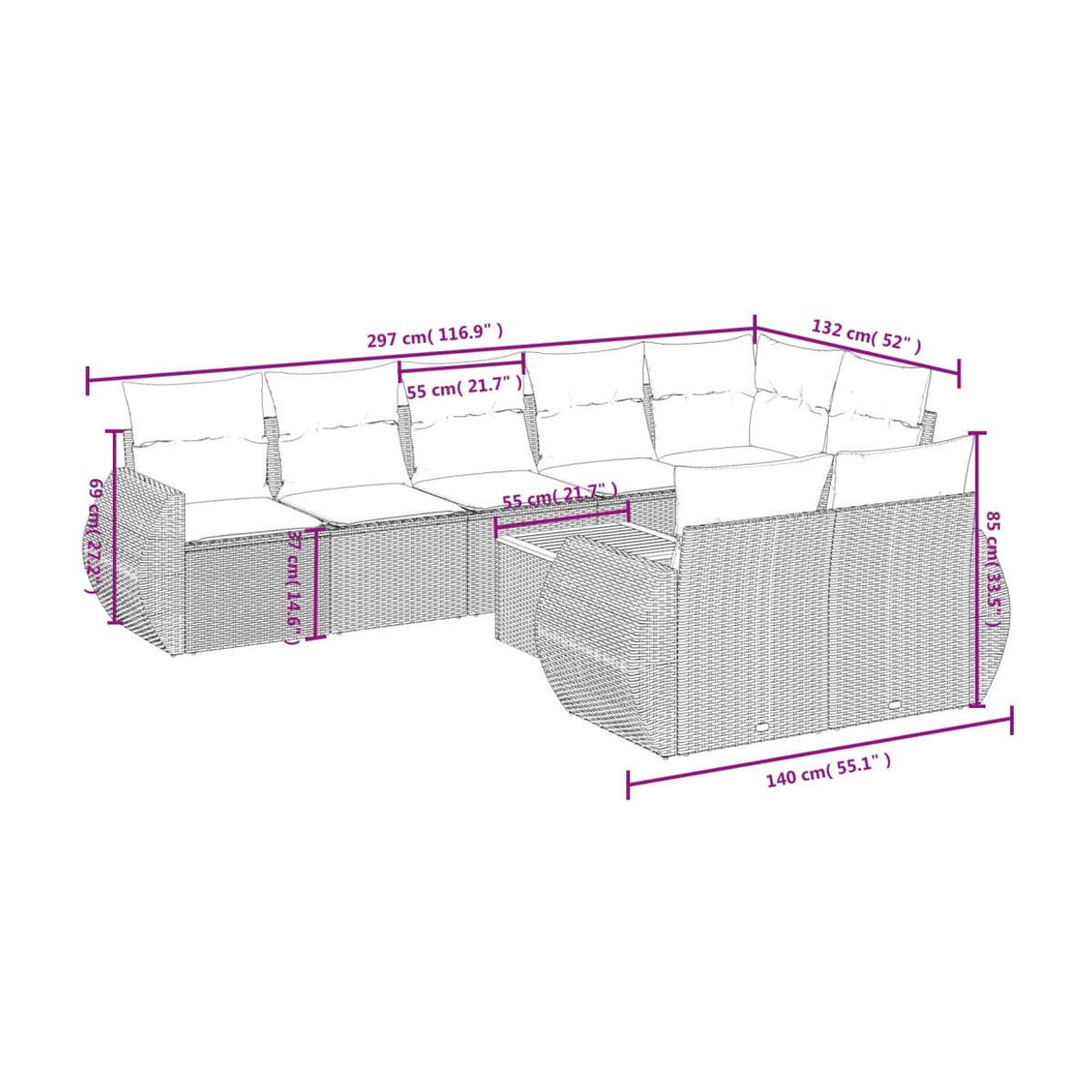 Vidaxl Gartenmöbel-Set aus Polyrattan mit Kissen, 9-teilig, Grau, Modernes Design - Bild 3