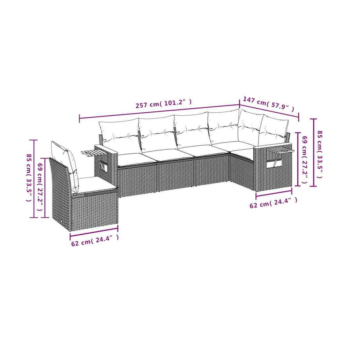 Vidaxl Gartenmöbel-Set aus Polyrattan mit Kissen in Schwarz, 6-teilig, modern - Bild 3