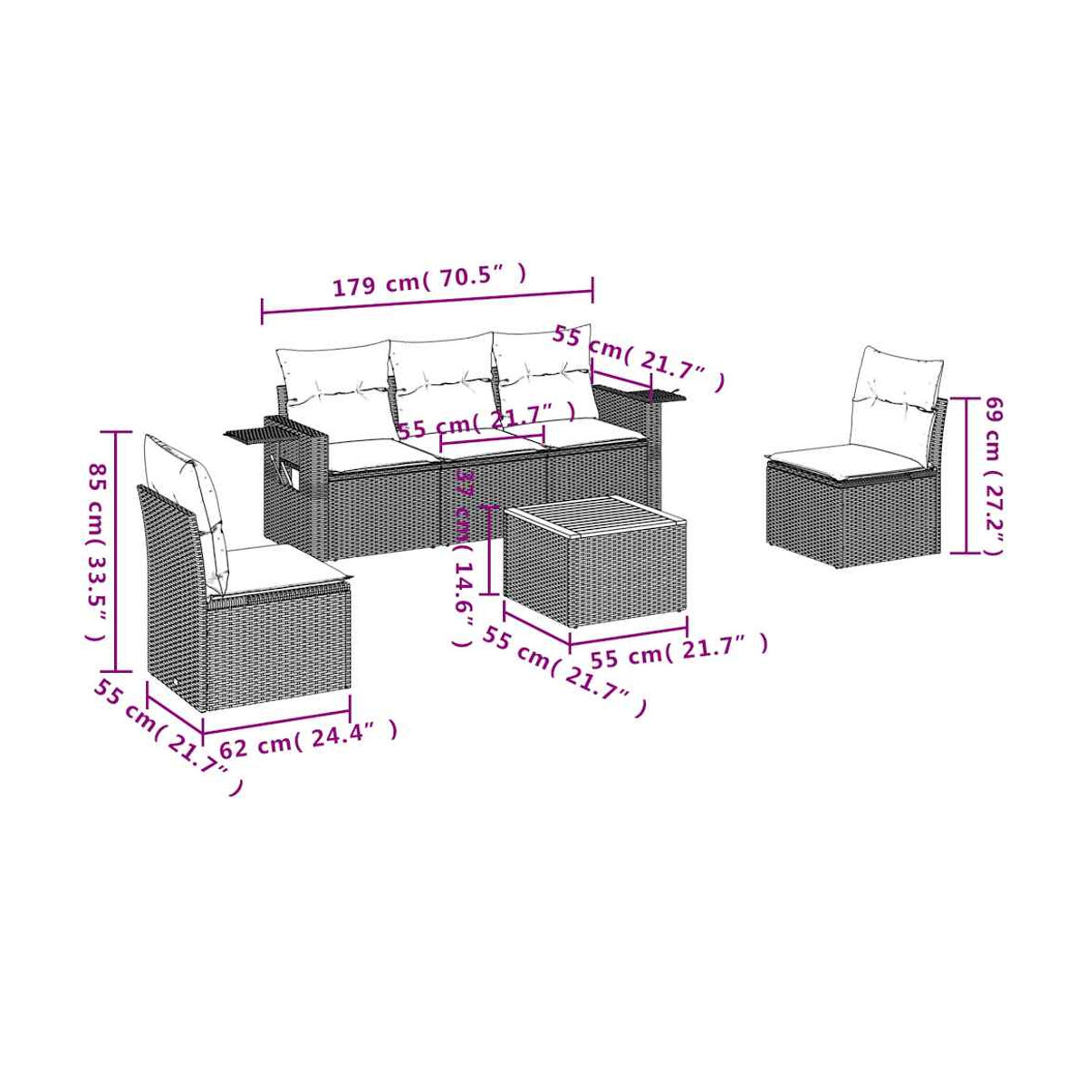Vidaxl Gartenmöbel-Set aus Polyrattan mit Kissen in Schwarz im modernen Design für Erwachsene - Bild 2