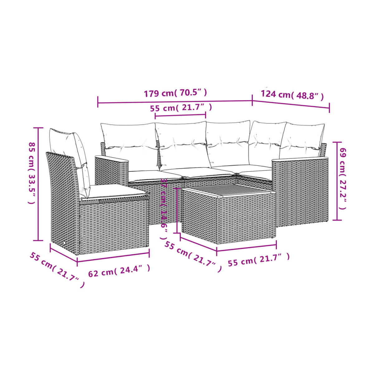 Vidaxl Gartenmöbel-Set aus Polyrattan mit Kissen in Schwarz und Beige, 6-teilig, modernes Design - Bild 3