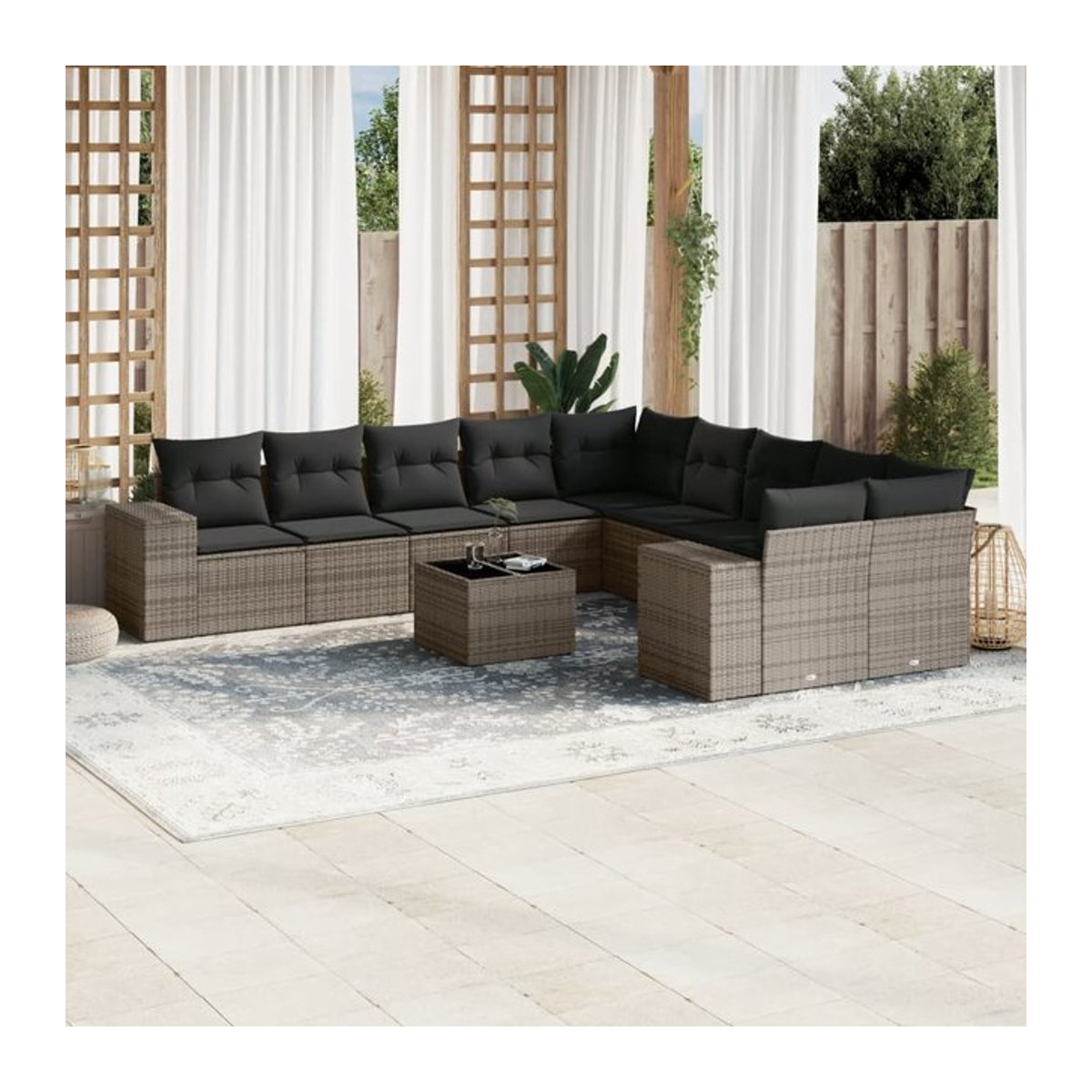 Vidaxl Gartenmöbel-Set aus Polyrattan mit Kissen und Glas, 11-teilig, Grau - Bild 1