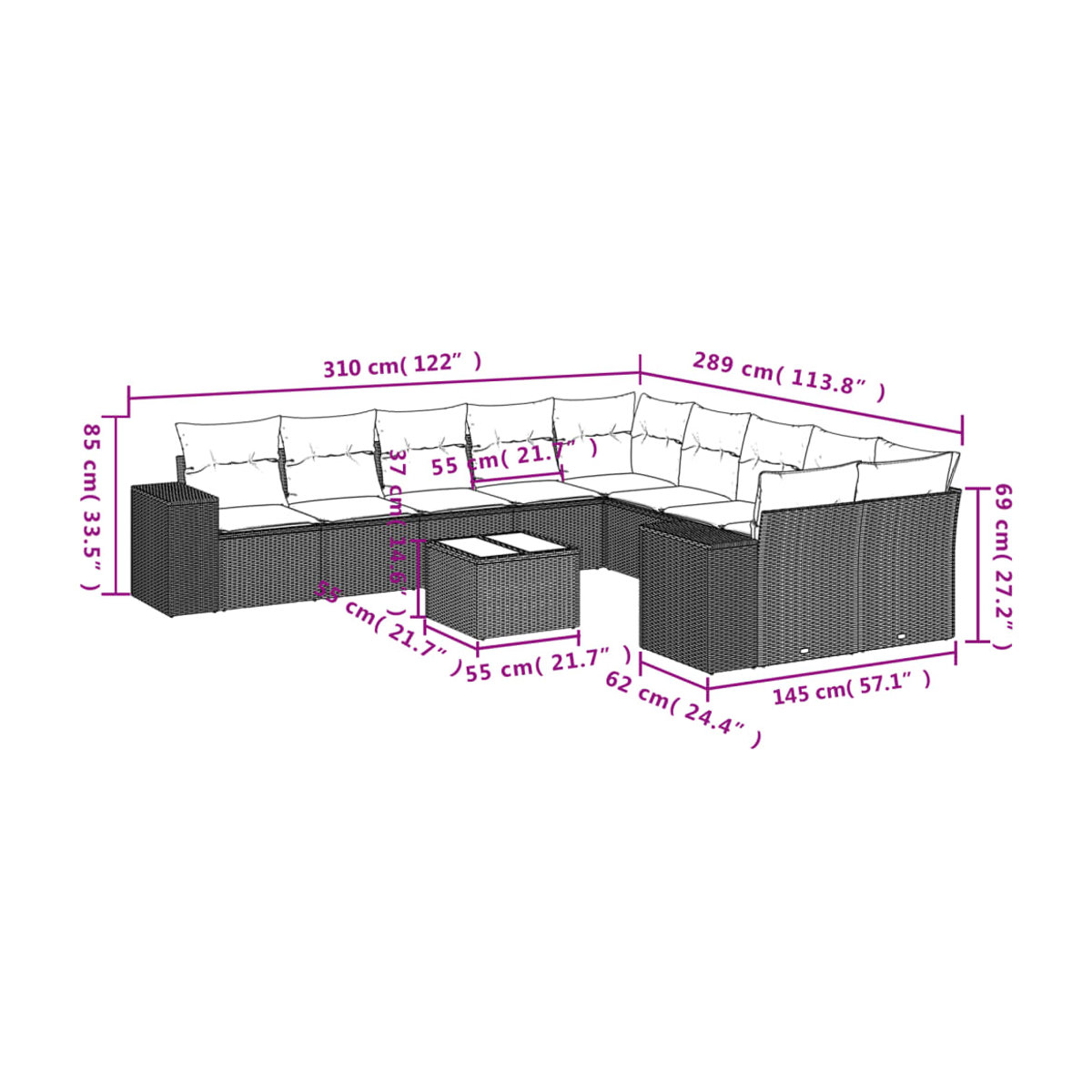 Vidaxl Gartenmöbel-Set aus Polyrattan mit Kissen und Glas, 11-teilig, Grau - Bild 2