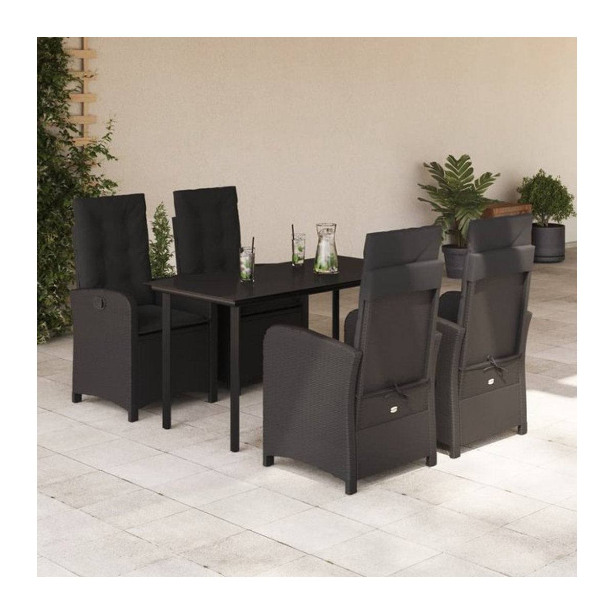 Vidaxl Gartenmöbel-Set aus Polyrattan mit Kissen und Glas, 5-teilig, Schwarz - Bild 1