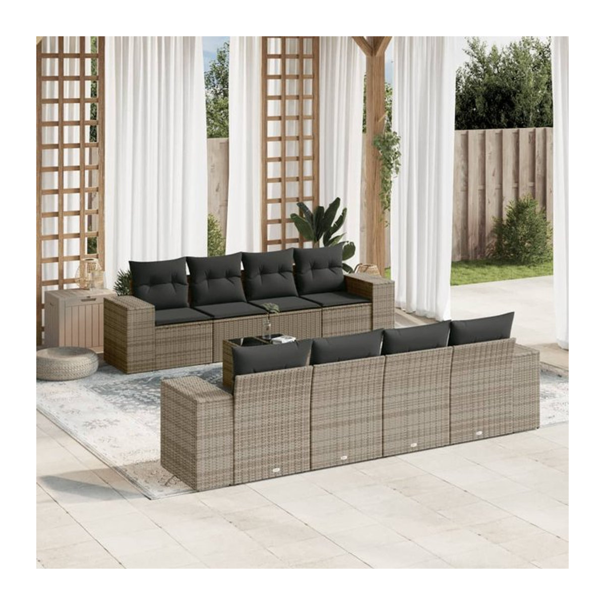 Vidaxl Gartenmöbel-Set aus Polyrattan mit Kissen und Glas, 9-teilig, Grau - Bild 1