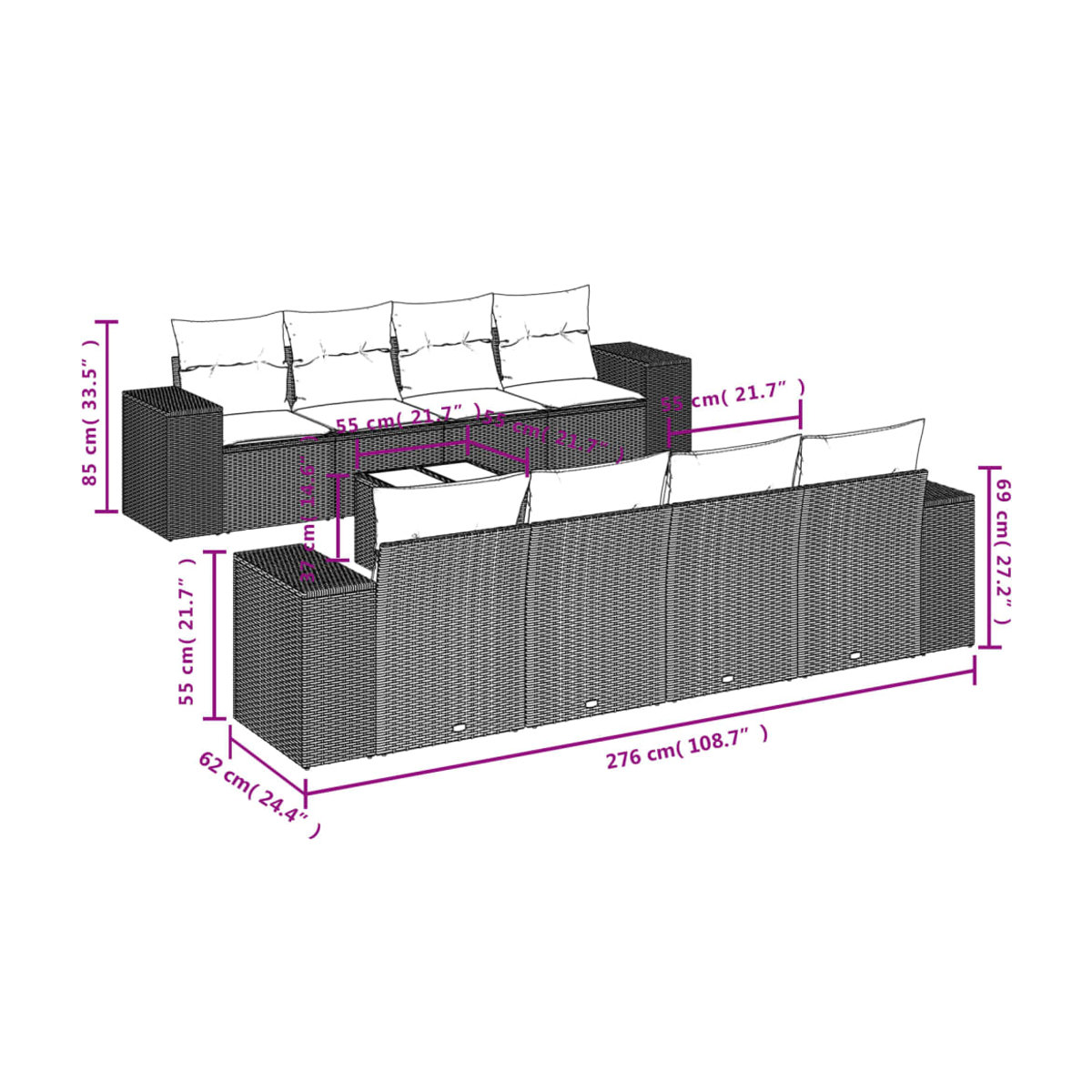 Vidaxl Gartenmöbel-Set aus Polyrattan mit Kissen und Glas, 9-teilig, Grau - Bild 2
