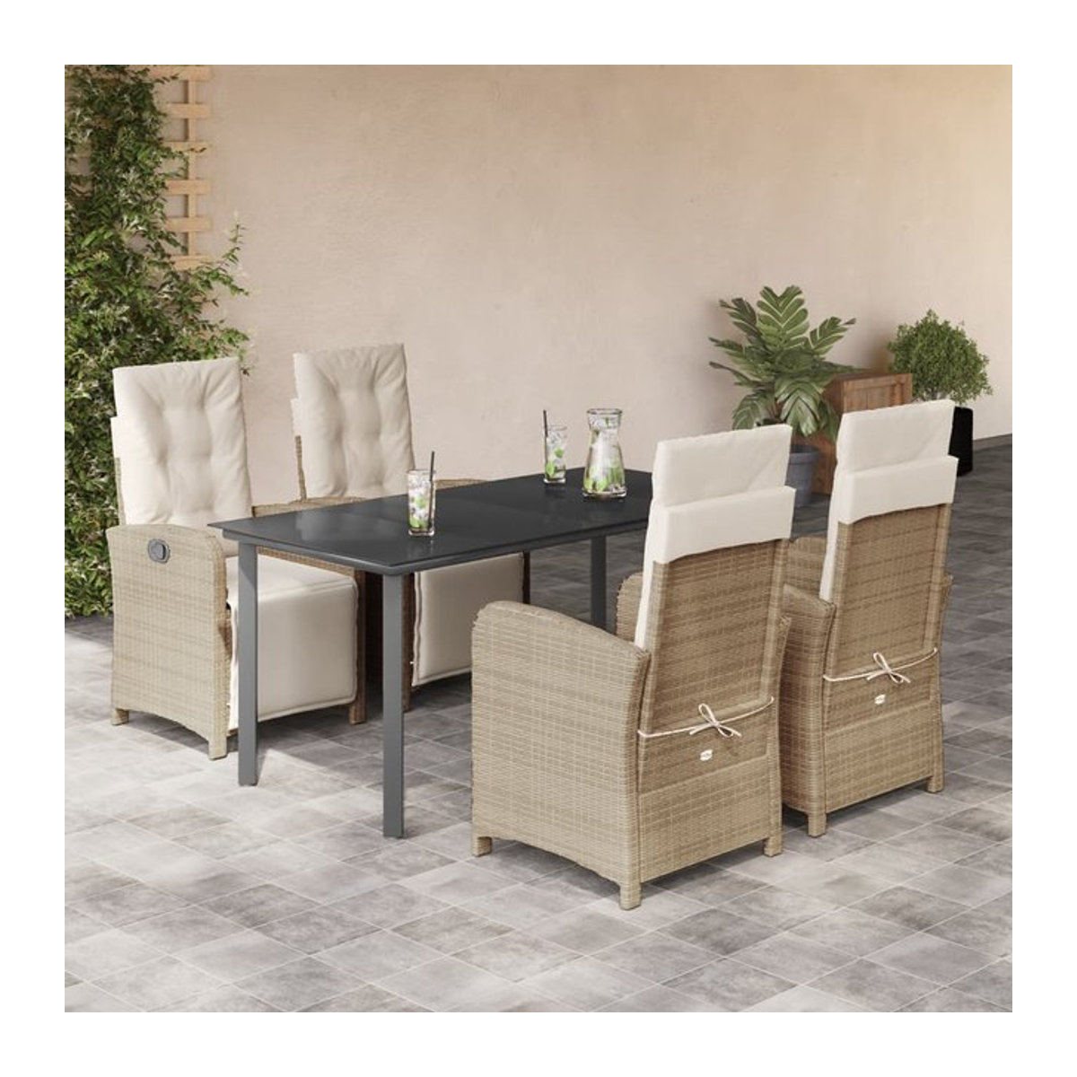 Vidaxl Gartenmöbel-Set aus Polyrattan mit Kissen und Glastisch, 5-teilig, Beige - Bild 1