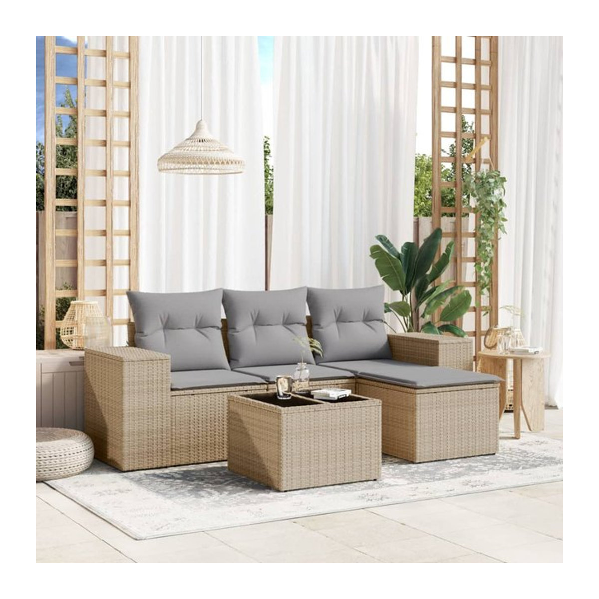 Vidaxl Gartenmöbel-Set aus Polyrattan mit Kissen und Glastisch, 5-teilig, Beige - Bild 1