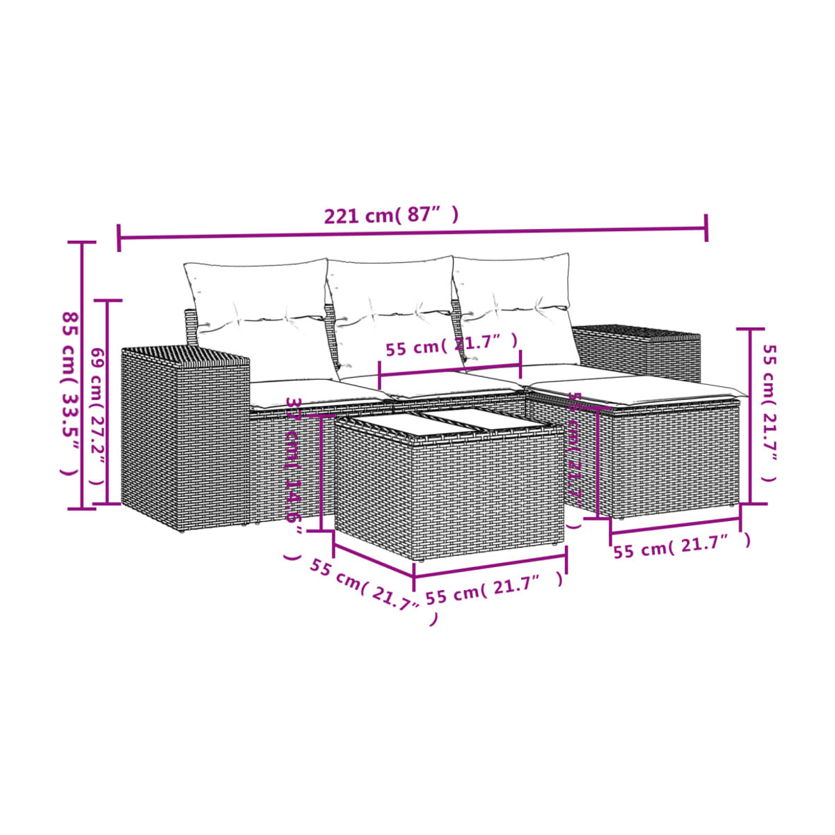Vidaxl Gartenmöbel-Set aus Polyrattan mit Kissen und Glastisch, 5-teilig, Beige - Bild 2