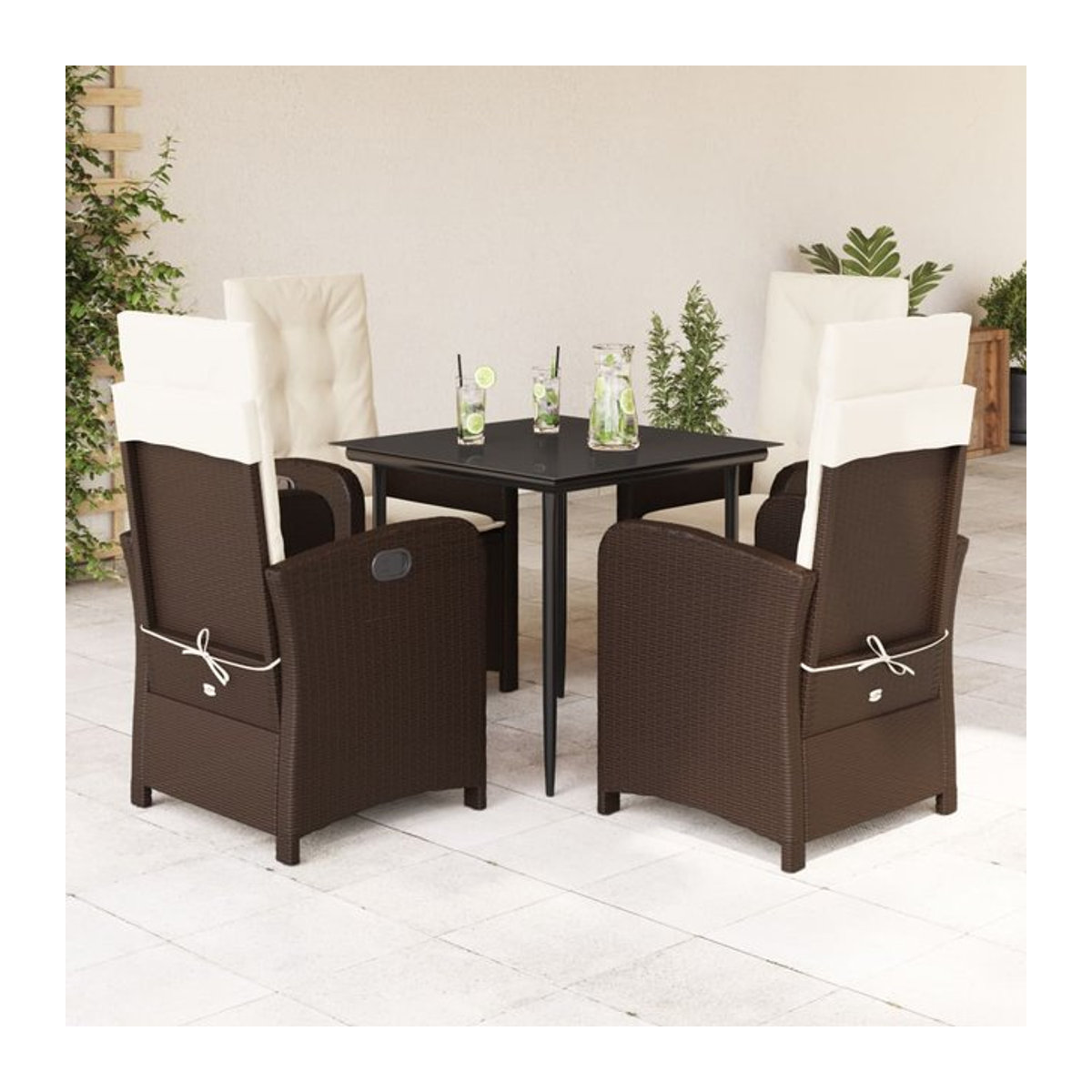 Vidaxl Gartenmöbel-Set aus Polyrattan mit Kissen und Glastisch, 5-teilig, Braun - Bild 1