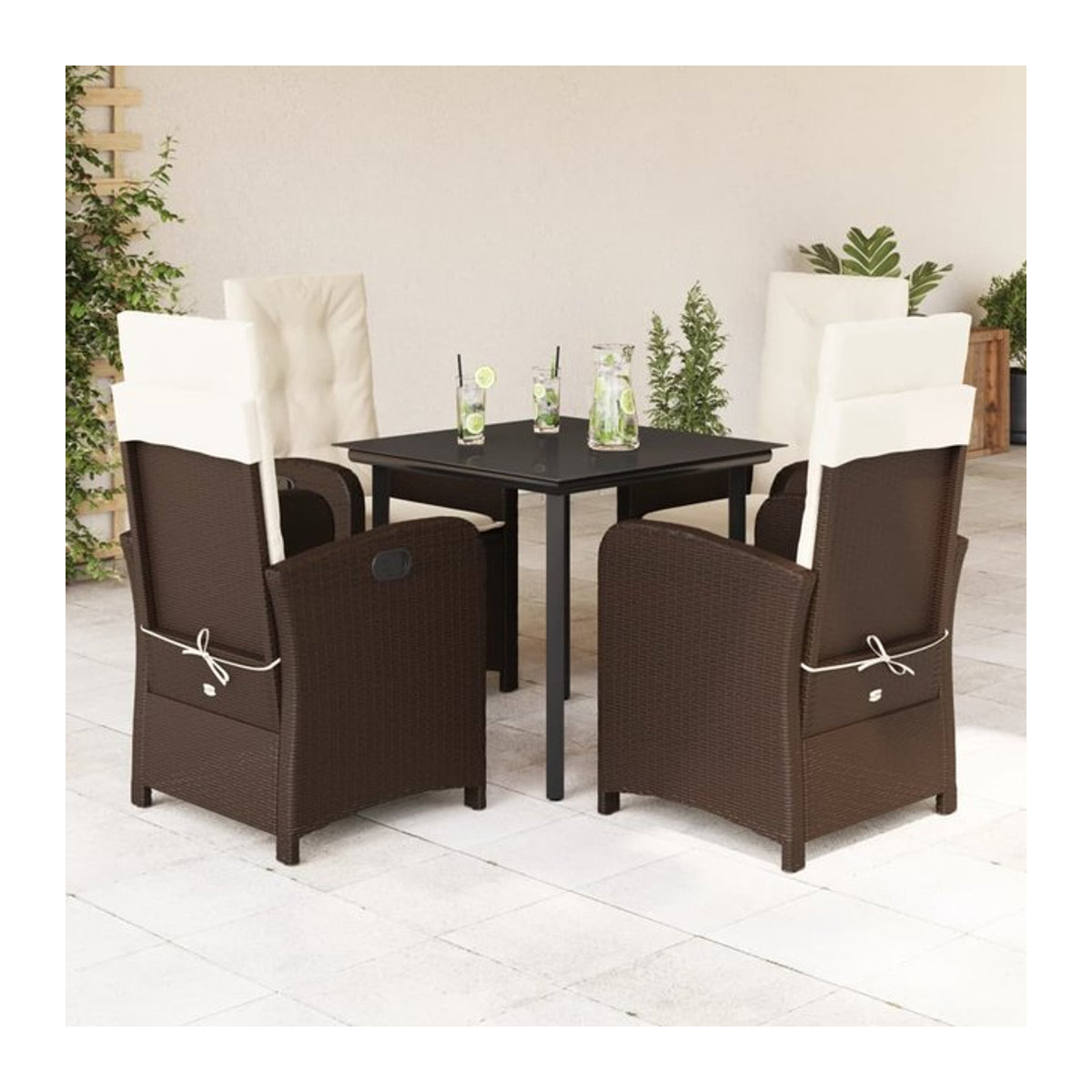 Vidaxl Gartenmöbel-Set aus Polyrattan mit Kissen und Glastisch, 5-teilig, Braun, Modernes Design - Bild 1