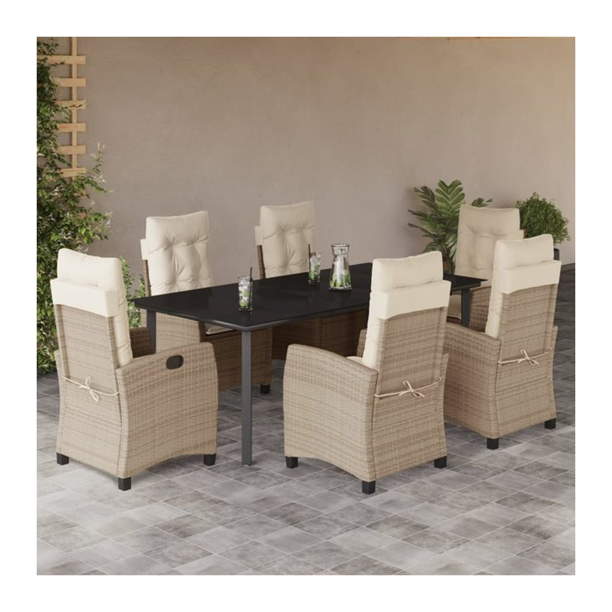 Vidaxl Gartenmöbel-Set aus Polyrattan mit Kissen und Glastisch, 7-teilig, Beige - Bild 1