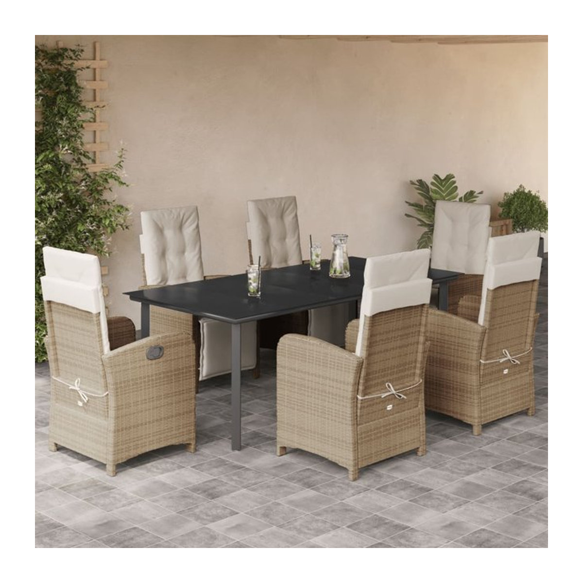 Vidaxl Gartenmöbel-Set aus Polyrattan mit Kissen und Glastisch, 7-teilig, Beige - Bild 1