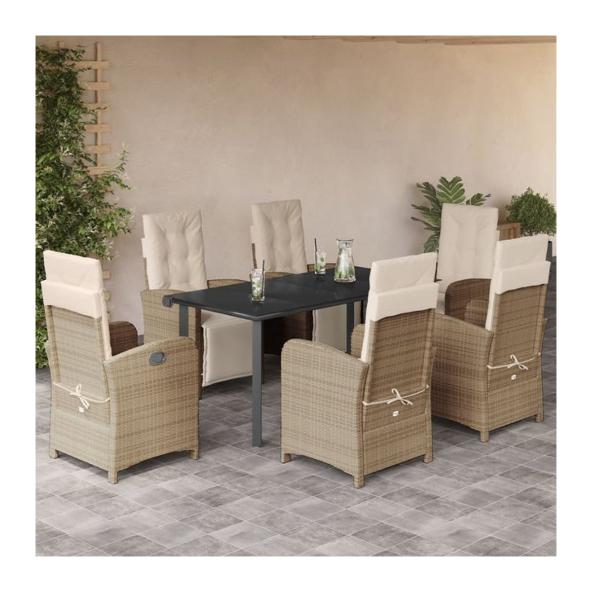 Vidaxl Gartenmöbel-Set aus Polyrattan mit Kissen und Glastisch, 7-teilig, Beige - Bild 1
