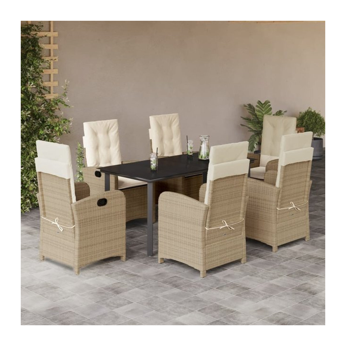 Vidaxl Gartenmöbel-Set aus Polyrattan mit Kissen und Glastisch, 7-teilig, Beige - Bild 1