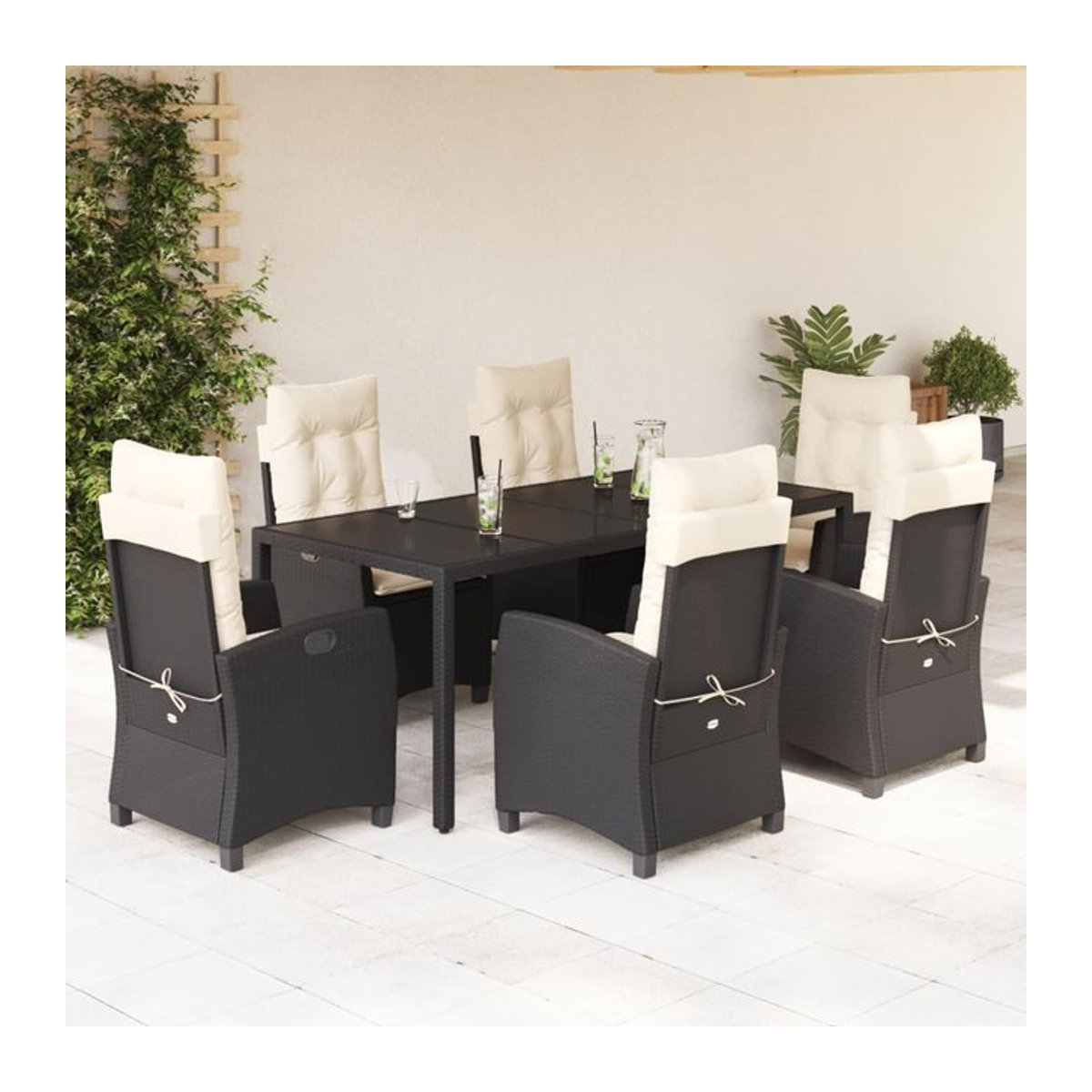 Vidaxl Gartenmöbel-Set aus Polyrattan mit Kissen und Glastisch, 7-teilig, Schwarz - Bild 1