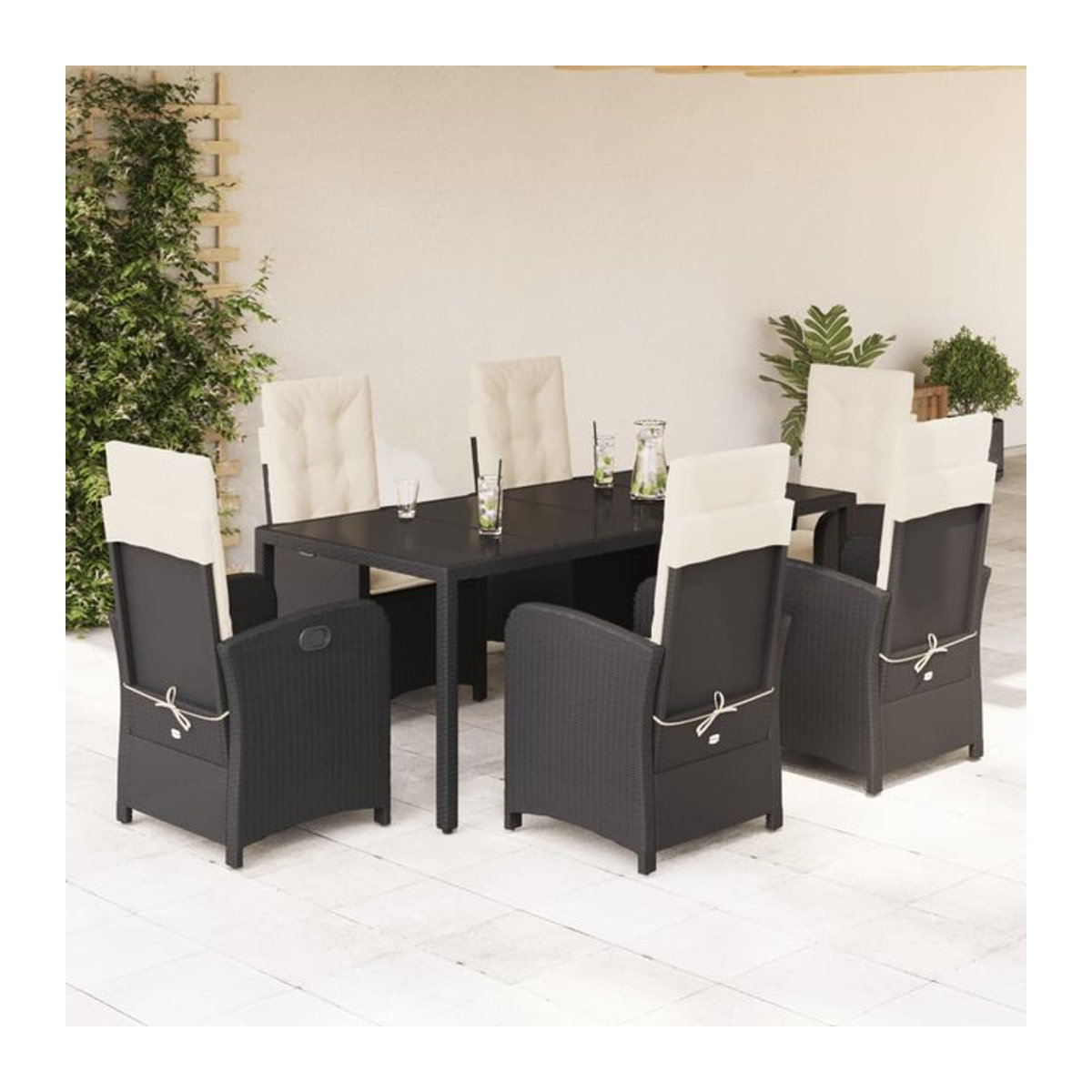 Vidaxl Gartenmöbel-Set aus Polyrattan mit Kissen und Glastisch, 7-teilig, Schwarz - Bild 1