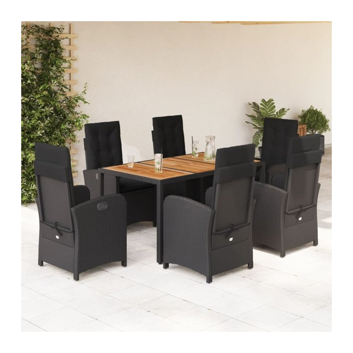 Vidaxl Gartenmöbel-Set aus Polyrattan mit Kissen und Glastisch, 7-teilig, Schwarz - Bild 1