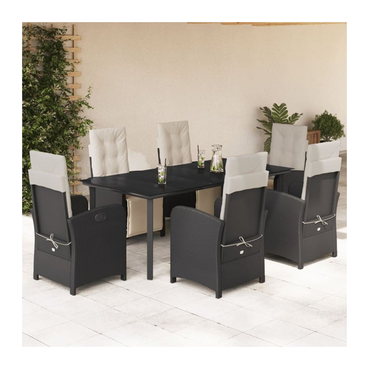 Vidaxl Gartenmöbel-Set aus Polyrattan mit Kissen und Glastisch, 7-teilig, Schwarz - Bild 1