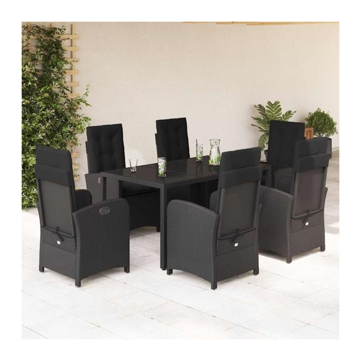 Vidaxl Gartenmöbel-Set aus Polyrattan mit Kissen und Glastisch, 7-teilig, Schwarz - Bild 1