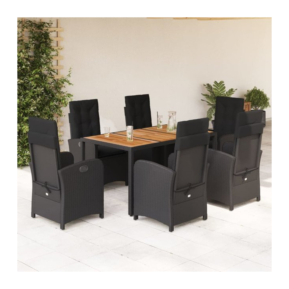 Vidaxl Gartenmöbel-Set aus Polyrattan mit Kissen und Glastisch, 7-teilig, Schwarz - Bild 1