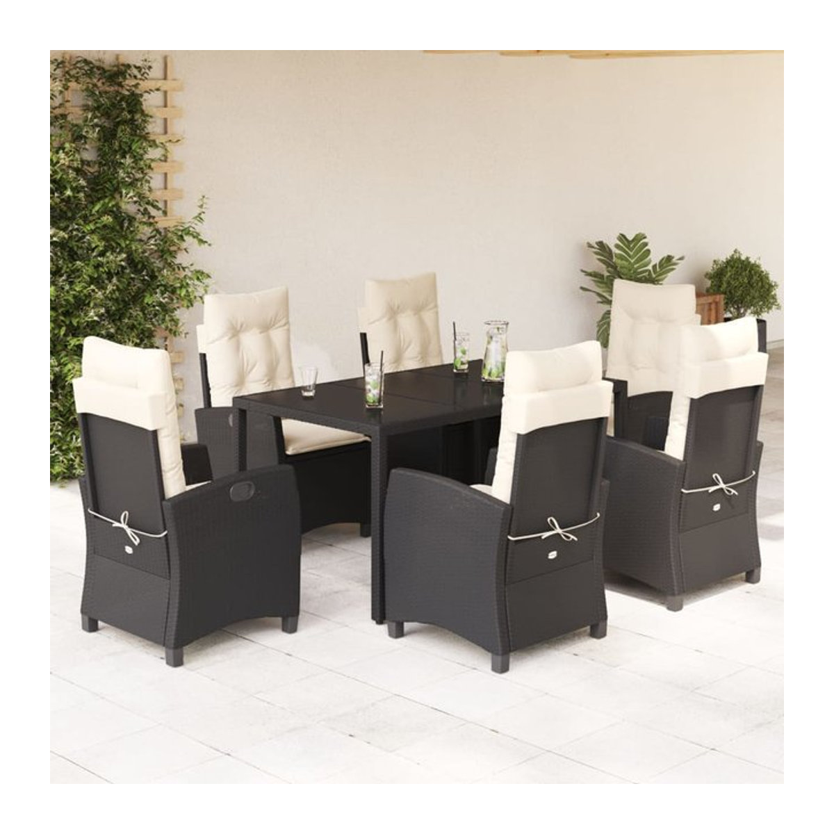 Vidaxl Gartenmöbel-Set aus Polyrattan mit Kissen und Glastisch, 7-teilig, Schwarz - Bild 1