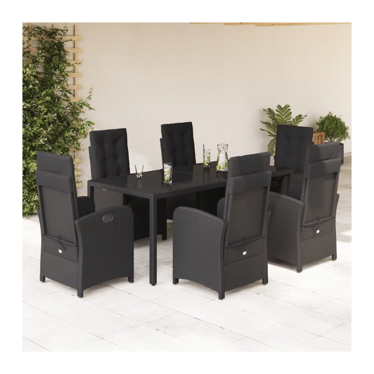 Vidaxl Gartenmöbel-Set aus Polyrattan mit Kissen und Glastisch, 7-teilig, Schwarz - Bild 1