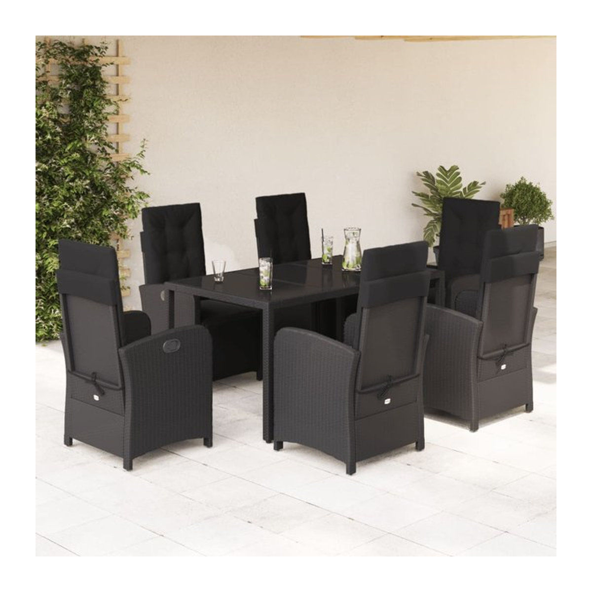 Vidaxl Gartenmöbel-Set aus Polyrattan mit Kissen und Glastisch, 7-teilig, Schwarz - Bild 1