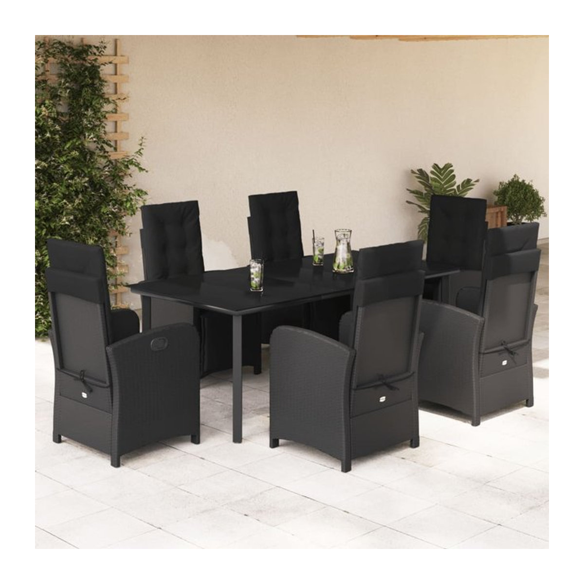 Vidaxl Gartenmöbel-Set aus Polyrattan mit Kissen und Glastisch, 7-teilig, Schwarz - Bild 1