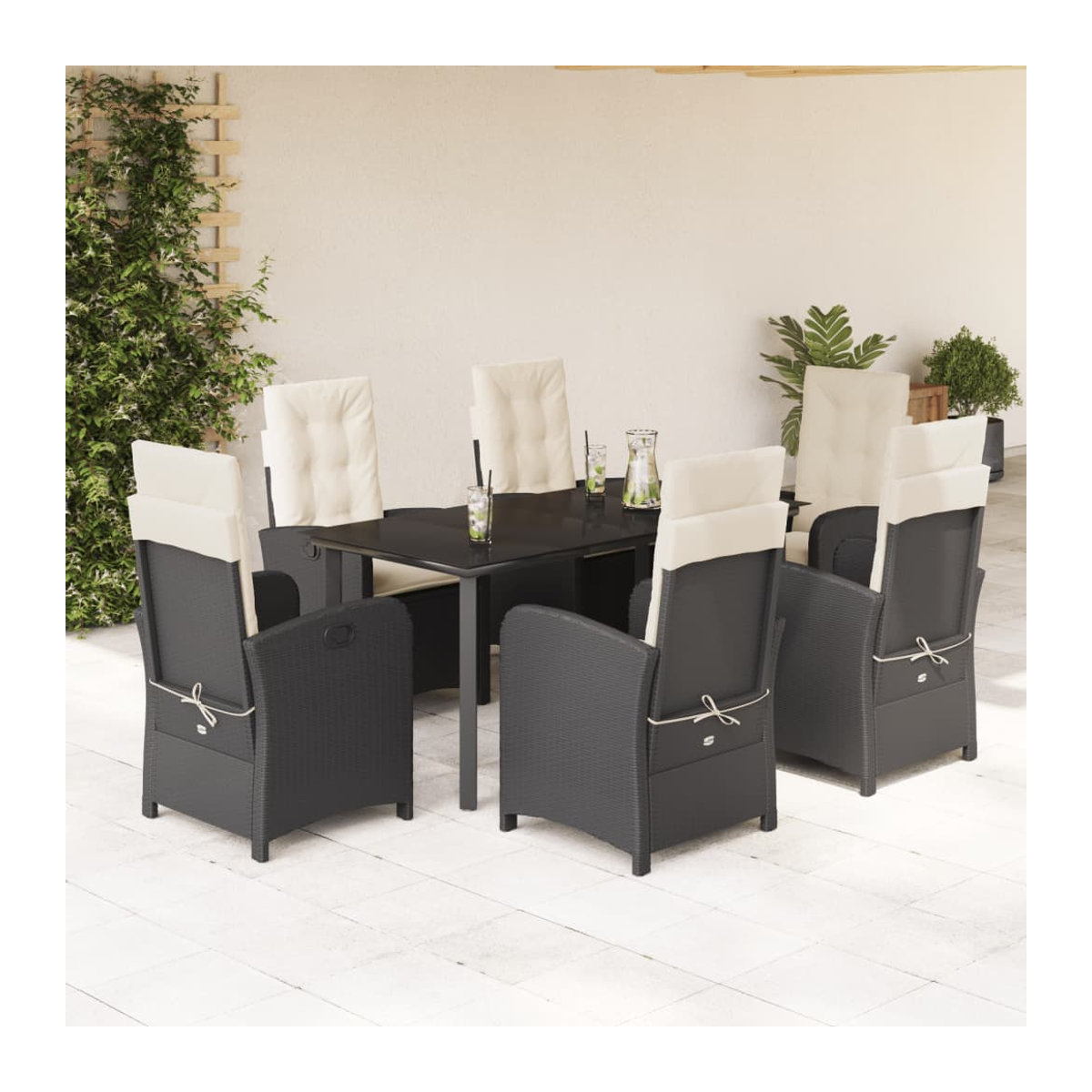 Vidaxl Gartenmöbel-Set aus Polyrattan mit Kissen und Glastisch, 7-teilig, Schwarz - Bild 2