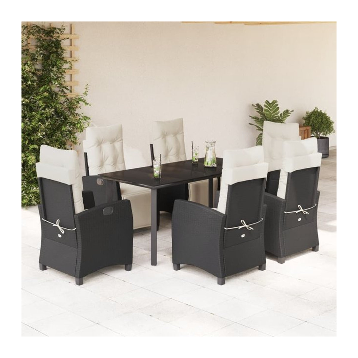 Vidaxl Gartenmöbel-Set aus Polyrattan mit Kissen und Glastisch, 7-teilig, Schwarz - Bild 1