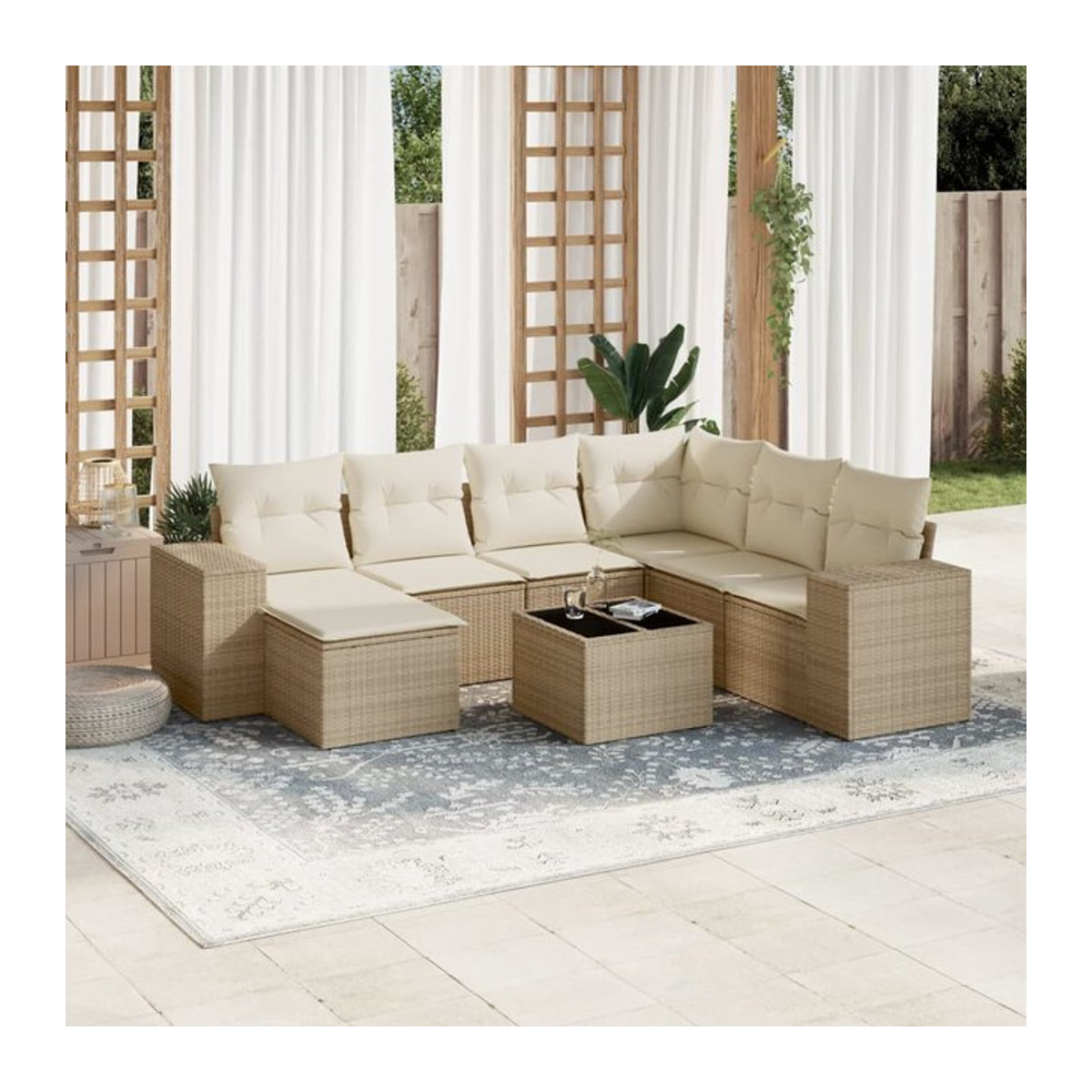 Vidaxl Gartenmöbel-Set aus Polyrattan mit Kissen und Glastisch, 8-teilig, Beige - Bild 1