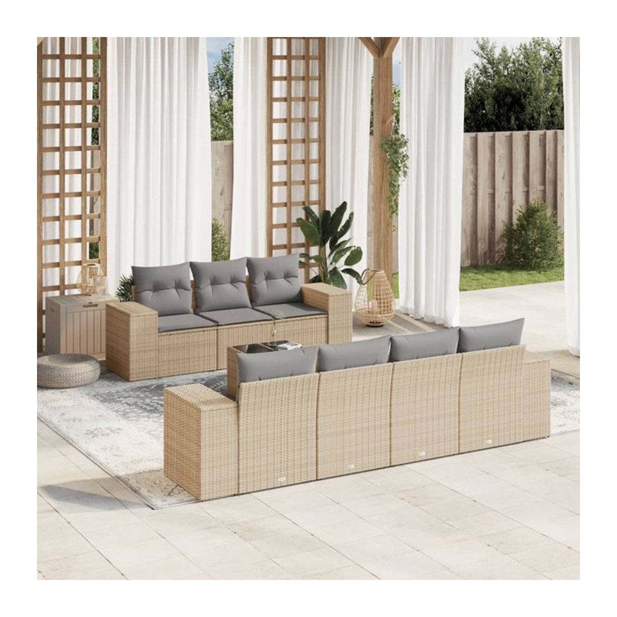 Vidaxl Gartenmöbel-Set aus Polyrattan mit Kissen und Glastisch, 8-teilig, Beige - Bild 1