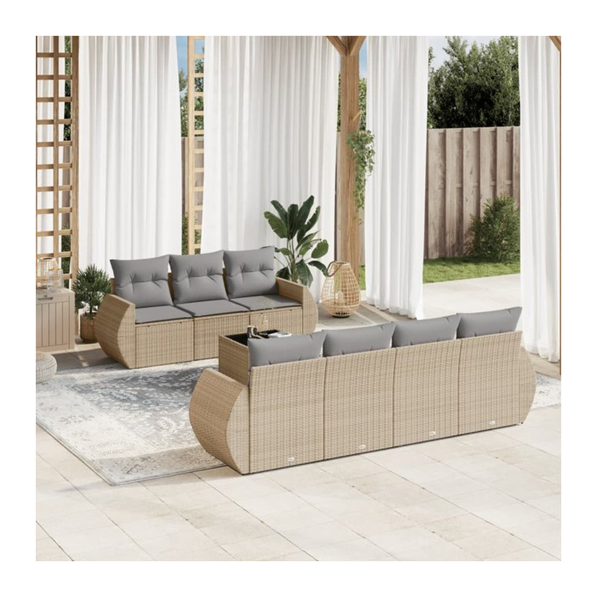 Vidaxl Gartenmöbel-Set aus Polyrattan mit Kissen und Glastisch, 8-teilig, Beige - Bild 1