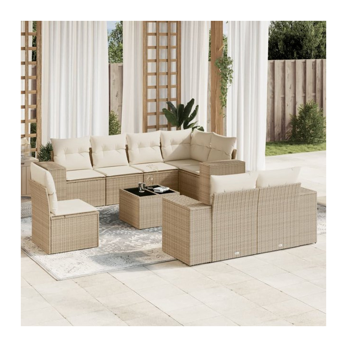 Vidaxl Gartenmöbel-Set aus Polyrattan mit Kissen und Glastisch, 9-teilig, Beige - Bild 1