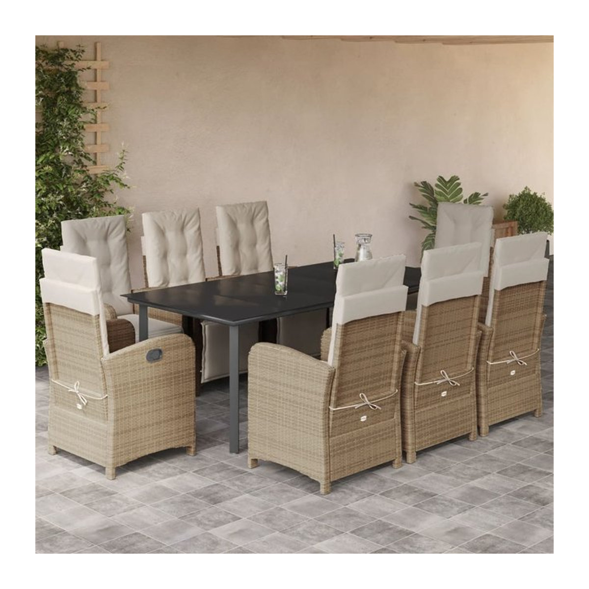 Vidaxl Gartenmöbel-Set aus Polyrattan mit Kissen und Glastisch, 9-teilig, Beige - Bild 1