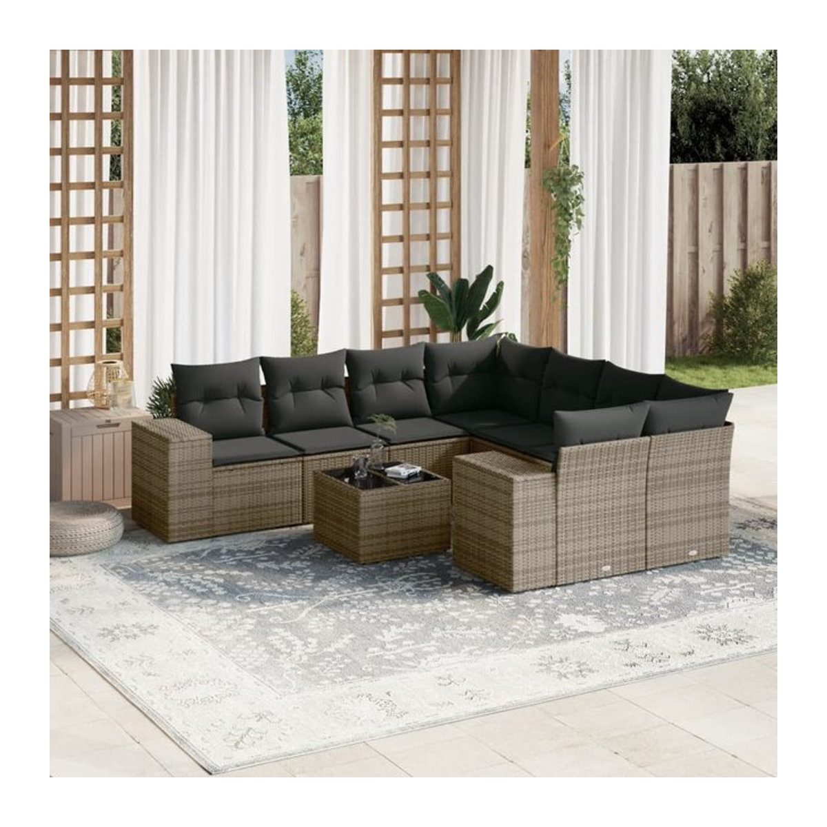 Vidaxl Gartenmöbel-Set aus Polyrattan mit Kissen und Glastisch, 9-teilig, Grau - Bild 1