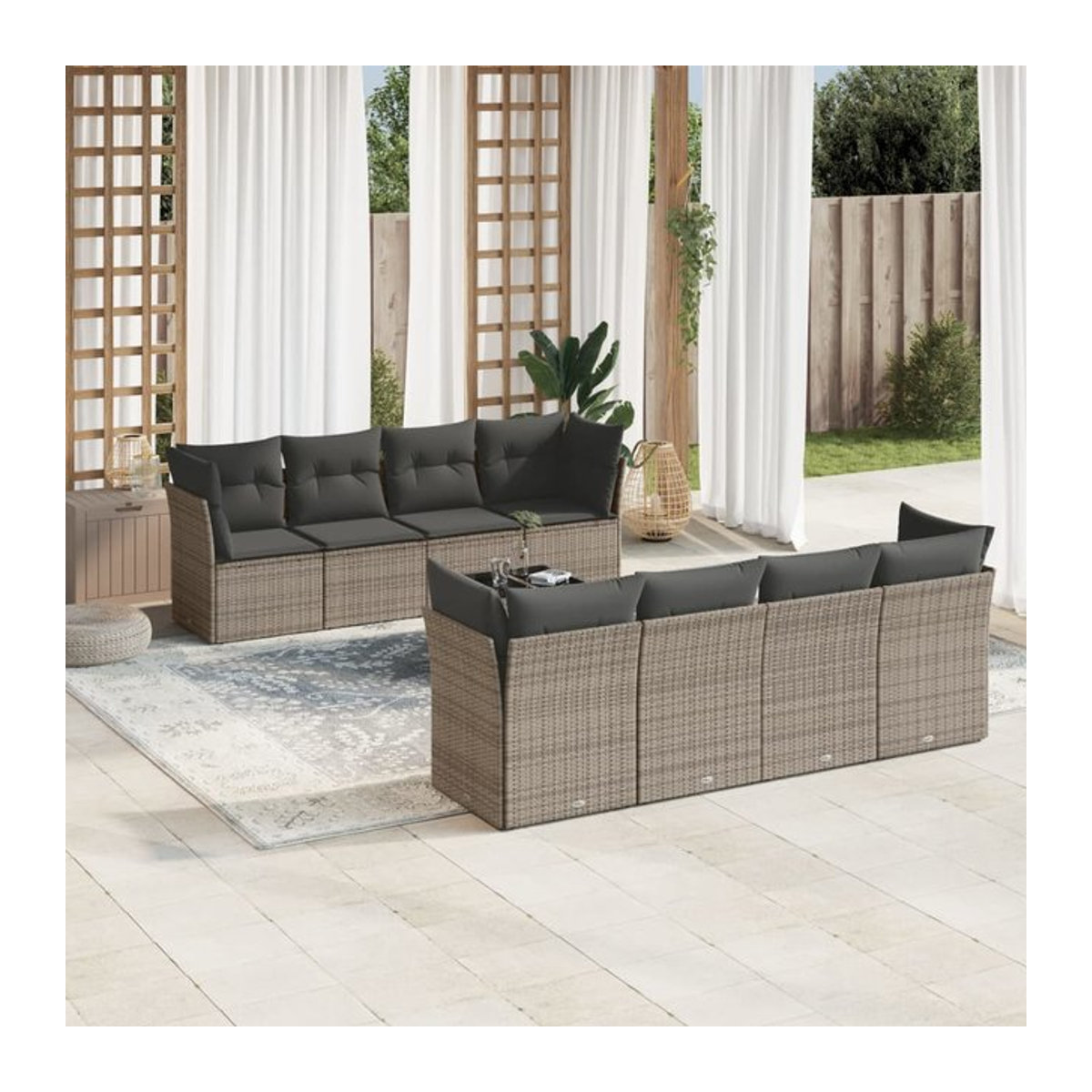 Vidaxl Gartenmöbel-Set aus Polyrattan mit Kissen und Glastisch, 9-teilig, Grau - Bild 1