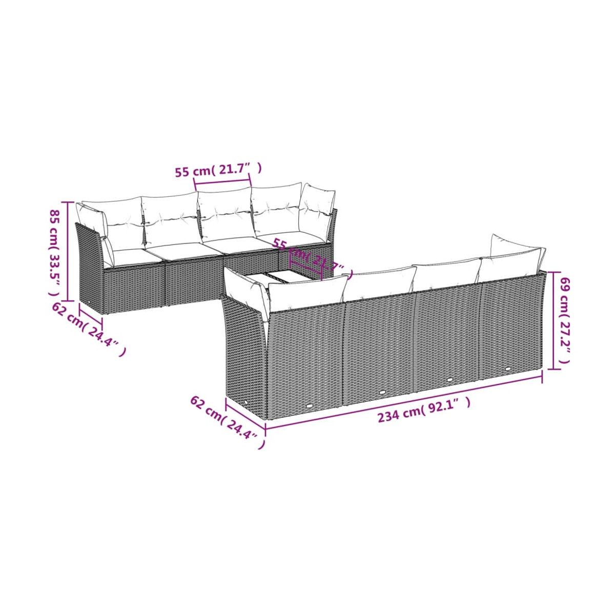 Vidaxl Gartenmöbel-Set aus Polyrattan mit Kissen und Glastisch, 9-teilig, Grau - Bild 3