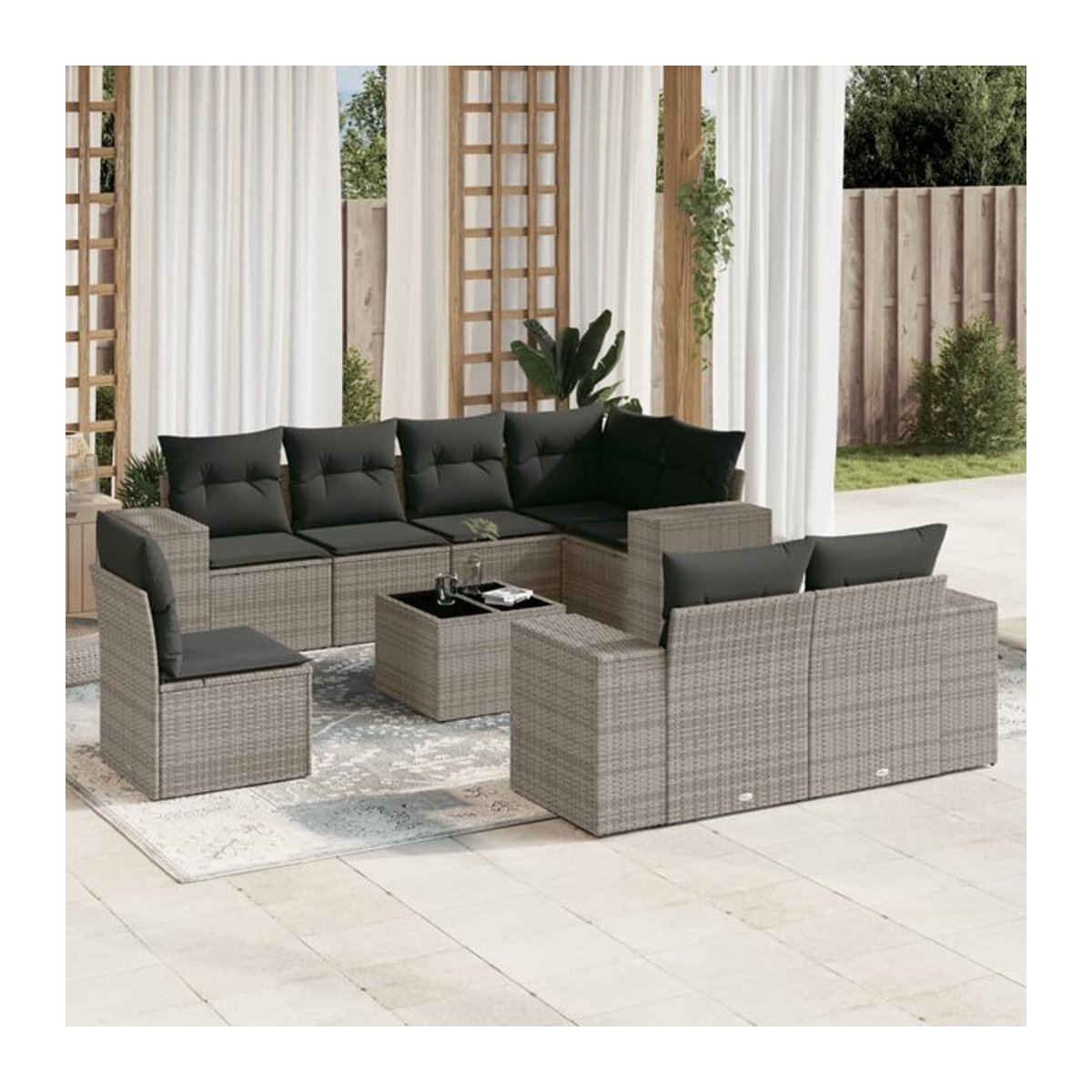 Vidaxl Gartenmöbel-Set aus Polyrattan mit Kissen und Glastisch, 9-teilig, Grau - Bild 1