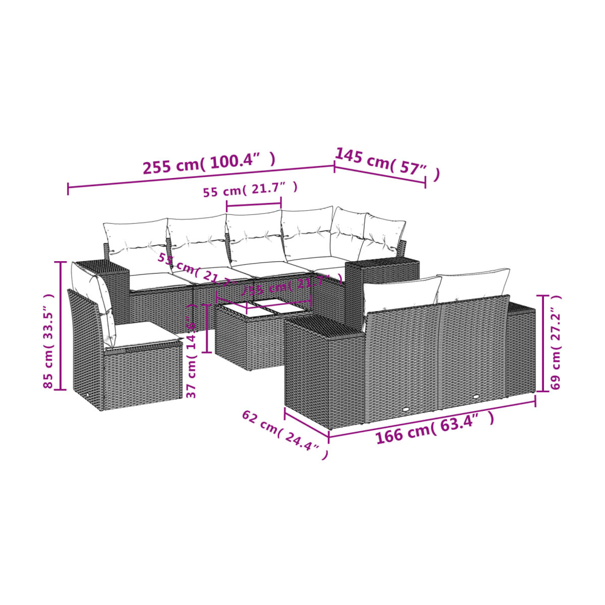 Vidaxl Gartenmöbel-Set aus Polyrattan mit Kissen und Glastisch, 9-teilig, Grau - Bild 3