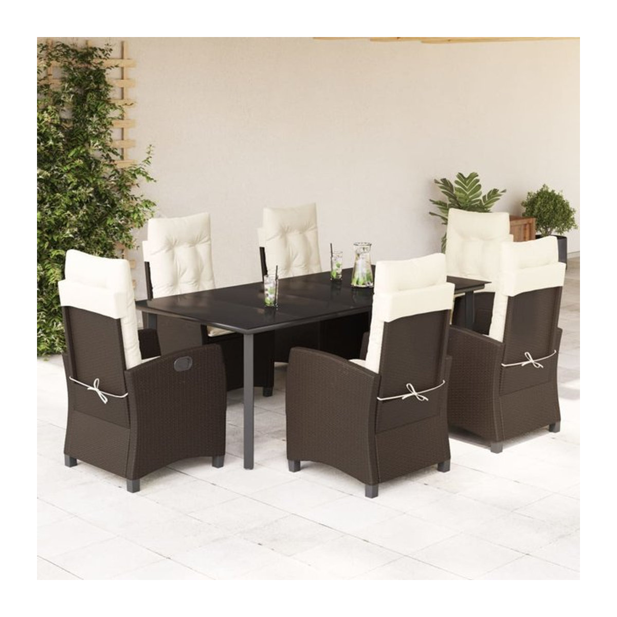 Vidaxl Gartenmöbel-Set aus Polyrattan mit Kissen und Glastisch in Braun, 7-teilig - Bild 1